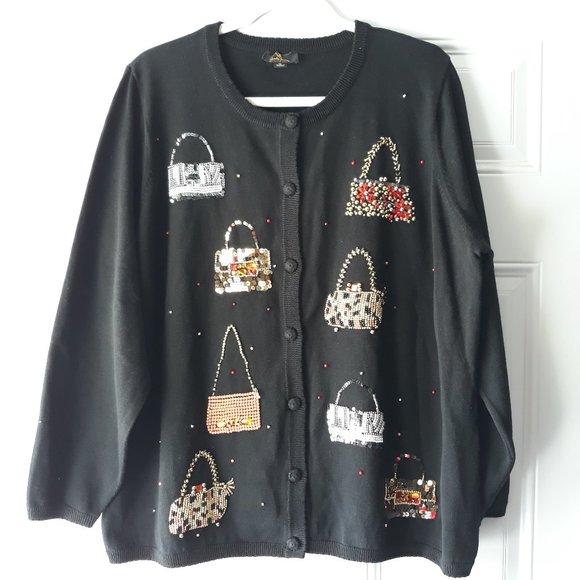 Quaker Factory Sweaters - Quaker Factory Black Embellished Bags Cardigan XL